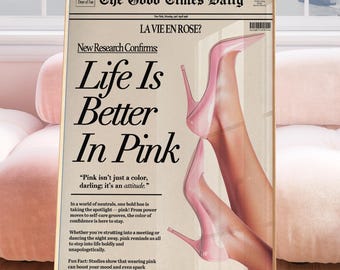 Retro Vintage News Print, Baby Pink Wall Art, Aesthetic Bedroom Decor, Trendy Apartment Poster, Unique Newspaper Art, Stylish Retro Print