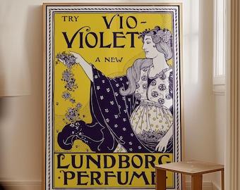 Vintage Perfume Poster, Art Nouveau Floral Print, Lundborg Vio-Violet