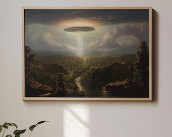 UFO Landscape Art Print: Retro Sci-Fi Flying Saucer, Surrealist Decor
