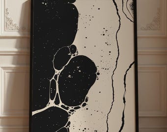 Black And White Abstract Ink Painting, Marble Minimal Wall Art Print, Large Framed Prints