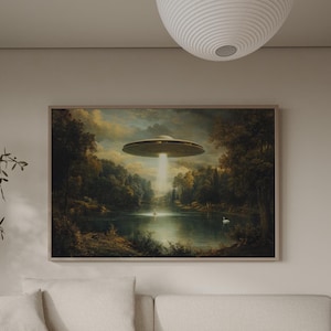 UFO Classical Landscape Oil Painting Wall Art, Retro Surrealist Flying Saucer Print, Mystical Alien Decor, Vintage Sci-Fi Art, Unique Gift
