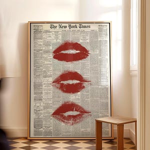New Yorkse krantenkunst, rode lippen kussen kunst aan de muur, trendy esthetische print, vintage retro poster, gewaagd modedecor, girly kamer muurkunst