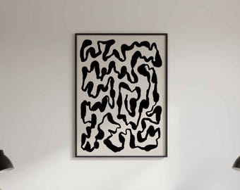 Abstract Black Ink Print, Minimalist Monochrome Wall Art, Modern Living Room Decor