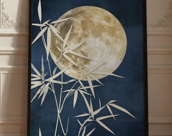 Full Moon Bamboo Japanese Art Print Vintage Botanical Wall Art Poster