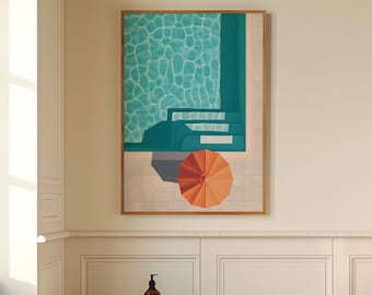 Retro Swimming Pool Art Print: Geometric Orange Umbrella Decor