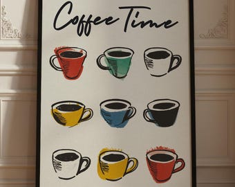 Coffee Time Print, Vintage Coffee Cup Wall Art, Kitchen Poster Colourful Cafe Print