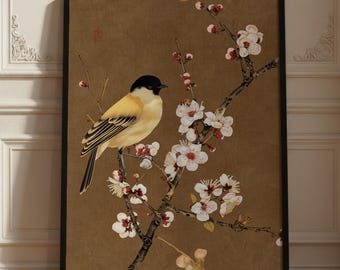 Vintage Plum Blossom Bird Art Print, Chinese Painting Poster, Vintage Bird Wall Art, Floral Asian Decor