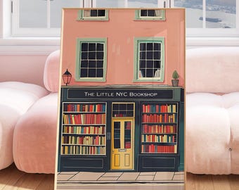 NYC Bookshop Art Print, vintage boekhandelillustratie, kleurrijk stadsgezicht