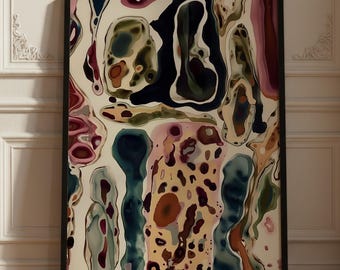 Abstract Fluid Art Print, Organic Shapes, Teal Burgundy Brown Cream (Framed)