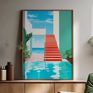 LA Swimming Pool Wall Art, Modern Green Red Blue Print, Vibrant Lounge Poster, Interior Decor, Contemporary Poolside Artwork, Gift for Home