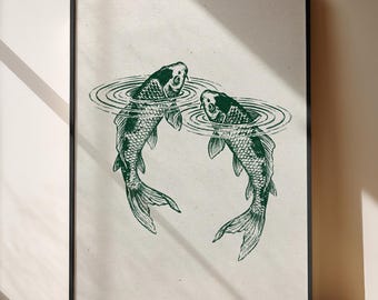 Koi Carp Fish Print, Calming Vintage Japanese Woodblock Print, 200gsm Archival paper