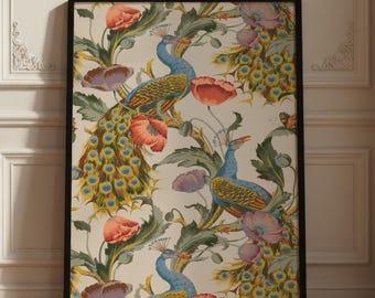 Vintage Peacock Wall Art, Classical Botanical Illustration, Elegant Floral Wall Decor