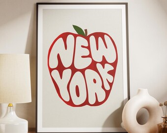 New York Apple Typography Poster, Retro Kitchen Wall Art