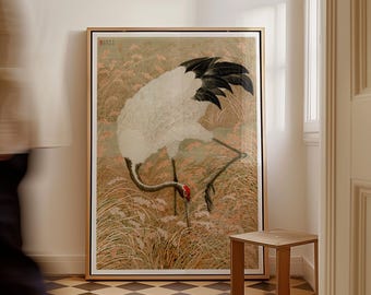 Impresión artística de grulla japonesa, ilustración de pájaro asiático de estilo vintage