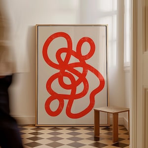 Impresión de arte contemporáneo abstracto en rojo brillante sobre beige, arte de pared minimalista audaz, decoración de interiores moderna, póster llamativo para sala de estar o oficina