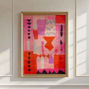 Tappeto marocchino rosa arte astratta da parete, stampa artistica moderna con tappeto berbero geometrico, arredamento per soggiorno di ispirazione africana, arte alla moda per camera da letto