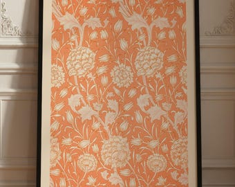 Orange Floral Seamless Pattern, William Morris Style Botanical Print, Vintage Wallpaper Art