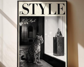 Leopard Print Poster, Luxury Fashion Magazine Print, Black And White Modern Home Office Wall Art