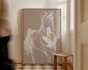 May include: A framed artwork featuring a white sketch of a horse on a gray background. The artwork is displayed in a room with a checkered floor and a small wooden side table. The artwork is rectangular and has a gold frame.