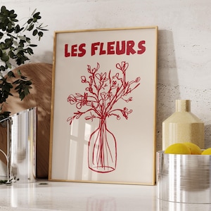 Impresión de jarrón de flores dibujado a mano, póster floral retro, impresión de flores botánicas abstractas, Les Fleurs, impresión del mercado de flores, arte de pared vintage