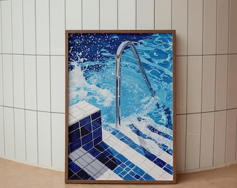 Blue Pool Steps Art Print: Modern Swimming Pool Painting