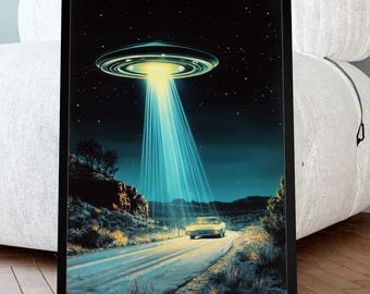 Vintage UFO Print: Retro Sci-Fi Alien Landscape Poster