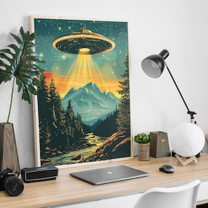 Vintage UFO Wall Art featuring a retro flying saucer illustration with vibrant blue tones, set against a psychedelic alien mountain landscape. This unique and surreal poster brings a cosmic, otherworldly atmosphere to any room, making it the perfect decor piece for sci-fi enthusiasts or those looking for bold, eclectic design. Whether displayed in a living room, bedroom, or office, this striking print adds personality and a conversation-starting element to your home decor.