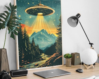 Póster OVNI vintage: paisaje psicodélico de montaña alienígena