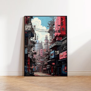 Futuristic Japanese Anime City Wall Art, Cyberpunk Lofi Poster, Ukiyo-e Style Manga Print, Neon Sci-Fi Urban Decor, Trendy Aesthetic Art