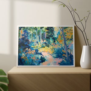 Arte murale con paesaggio impressionista, stampa di pittura a olio colorata, arte giallo blu rosa brillante, poster di bosco espressionista, arredamento vibrante