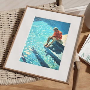 Schwimmbad Acrylgemälde Wandkunst, blaues Wasser Fine Art Print, Figuratives Kunstwerk eines Mannes Sitzen und Nachdenken, Innendekor Poster