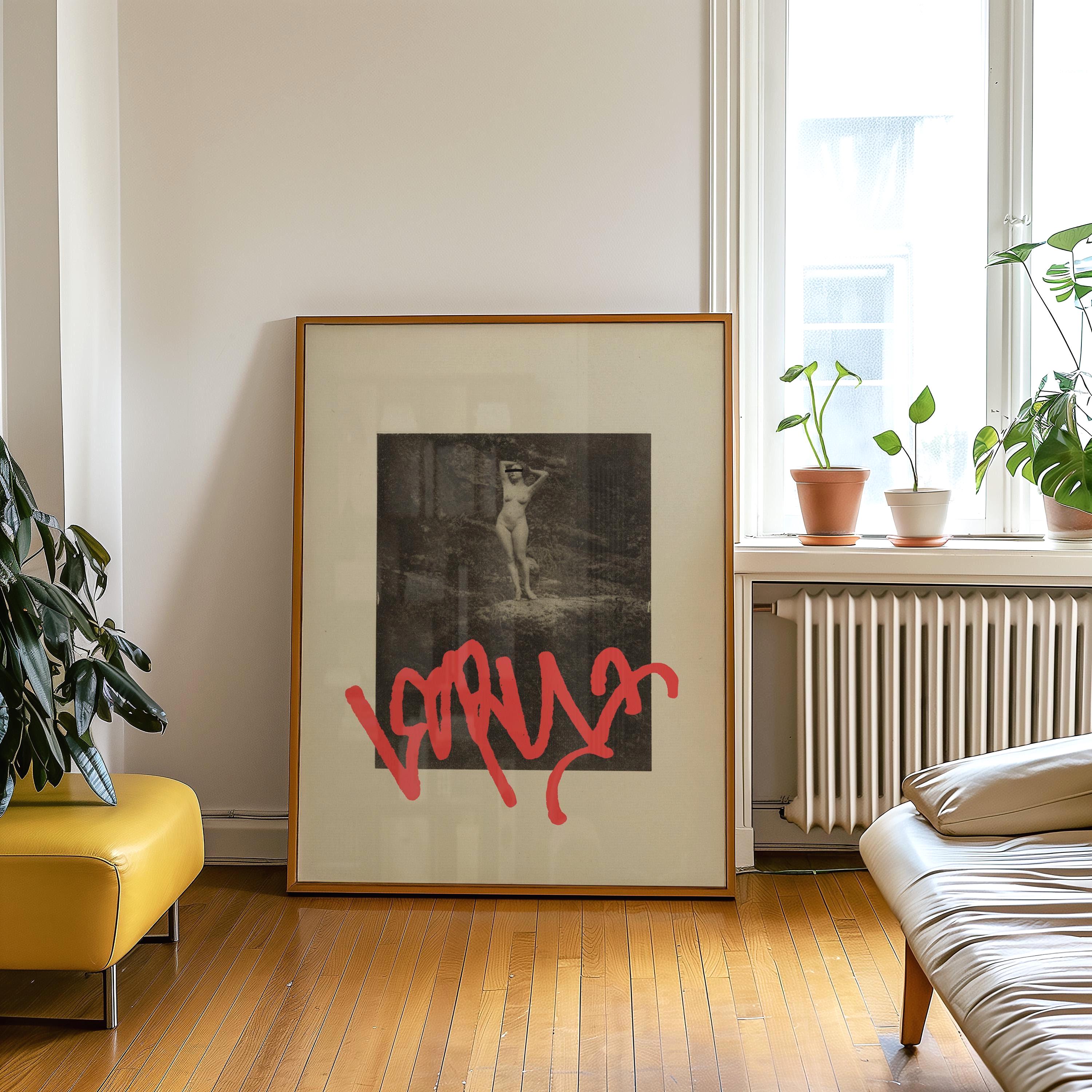 Black and White Vintage Photograph, Antique Style Wall Art, Modern Art with Red Graffiti Tag, Urban Retro Eclectic Wall Decor