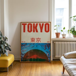 Red Tokyo Travel Poster, Mt. Fuji Japanese Wall Art, Vintage Japan Landscape Print, Retro Travel Decor, Minimalist Asian Aesthetic Artwork