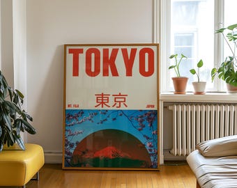 Red Tokyo Travel Poster: Mt. Fuji Japanese Print, Retro Asian Decor