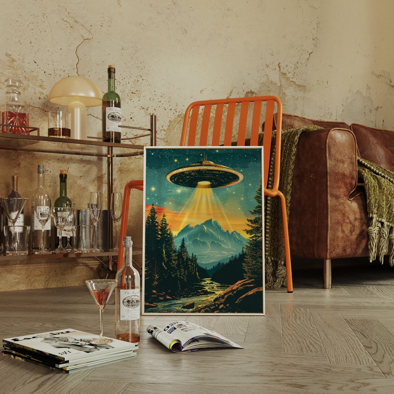 Vintage UFO Wall Art featuring a retro flying saucer illustration with vibrant blue tones, set against a psychedelic alien mountain landscape. This unique and surreal poster brings a cosmic, otherworldly atmosphere to any room, making it the perfect decor piece for sci-fi enthusiasts or those looking for bold, eclectic design. Whether displayed in a living room, bedroom, or office, this striking print adds personality and a conversation-starting element to your home decor.