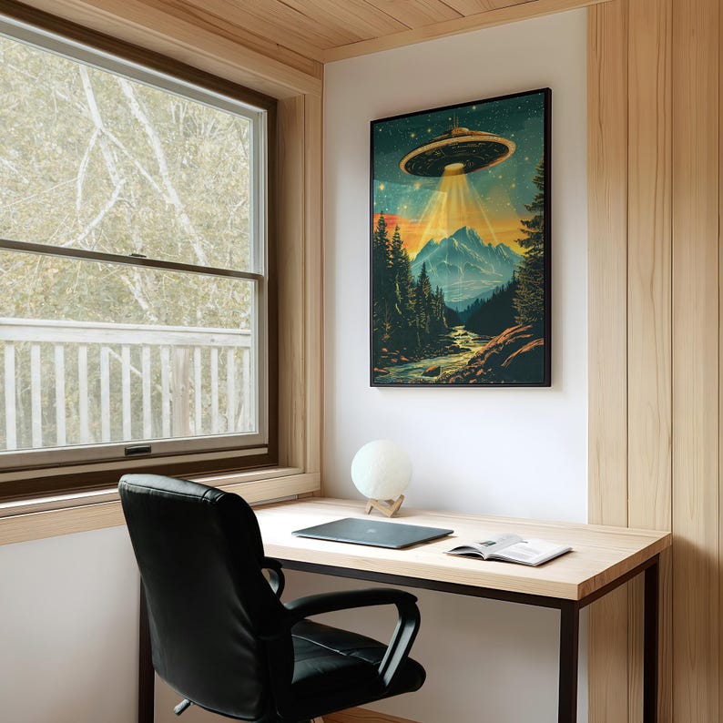 Vintage UFO wall art with retro flying saucer and psychedelic alien mountain landscape illustration in blue. Perfect for adding a quirky sci-fi touch to your home.