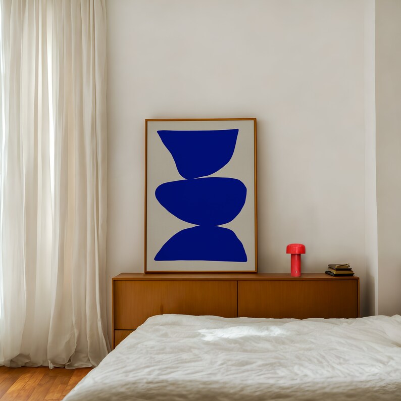 Minimalist royal blue boho chic wall art featuring a deep blue abstract design with a Scandinavian modern aesthetic. A stylish and trendy framed artwork, perfect for contemporary home decor, living rooms, bedrooms, or offices.