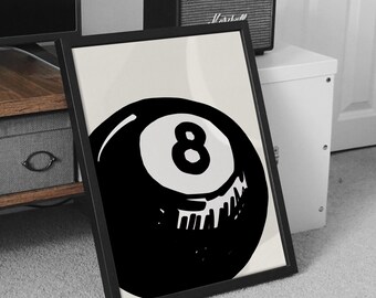 May include: Black and white illustration of a pool ball with the number 8 printed on it. The ball is in a black frame and is on a white background.