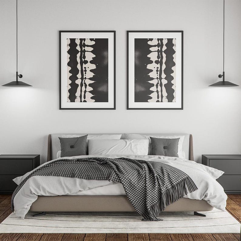 Set of 2 black and white abstract ink drawings inspired by zebra patterns. These modern monochrome paintings feature fluid brushstrokes, creating a minimalist and sophisticated gallery wall. Perfect for Japandi, Scandi, or contemporary home decor, this artistic duo brings elegance and contrast to any living room, bedroom, or office.