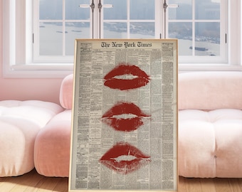 New York Newspaper Art Print: Red Lips, Trendy Room Decor