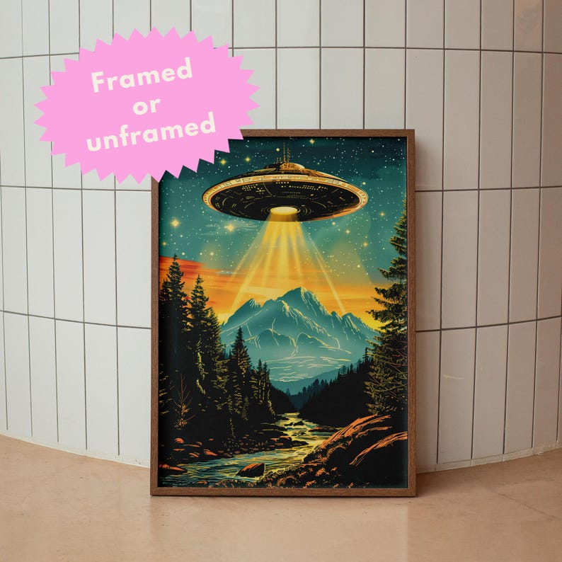 Vintage UFO Wall Art featuring a retro flying saucer illustration with vibrant blue tones, set against a psychedelic alien mountain landscape. This unique and surreal poster brings a cosmic, otherworldly atmosphere to any room, making it the perfect decor piece for sci-fi enthusiasts or those looking for bold, eclectic design. Whether displayed in a living room, bedroom, or office, this striking print adds personality and a conversation-starting element to your home decor.
