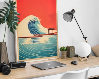 Japanese Style Ocean Wave & Hut Wall Art, Modern Art Boho Poster Print, Red and Blue Great Wave, Minimal Living Room Bedroom Gift
