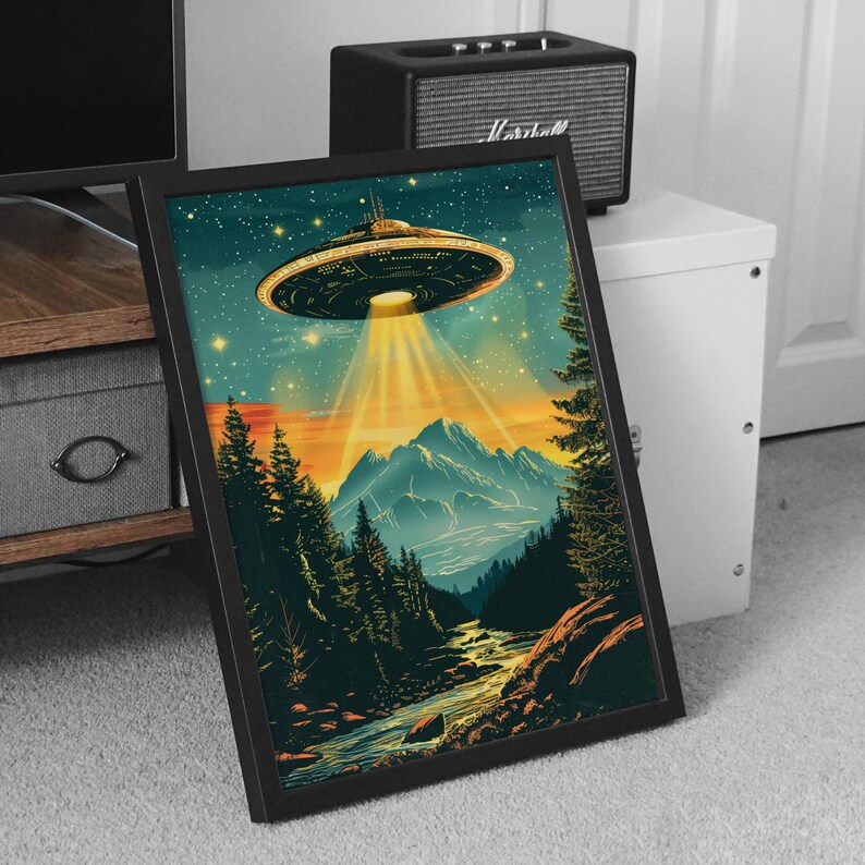 Vintage UFO wall art with retro flying saucer and psychedelic alien mountain landscape illustration in blue. Perfect for adding a quirky sci-fi touch to your home.