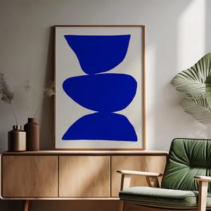 Minimalist royal blue boho chic wall art featuring a deep blue abstract design with a Scandinavian modern aesthetic. A stylish and trendy framed artwork, perfect for contemporary home decor, living rooms, bedrooms, or offices.