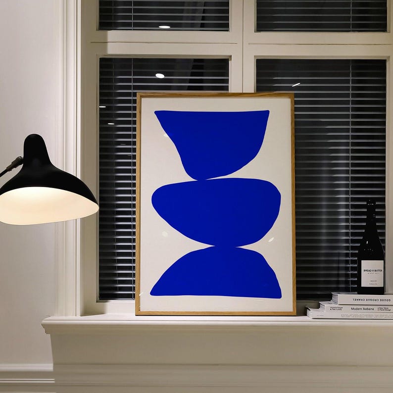 Minimalist royal blue boho chic wall art featuring a deep blue abstract design with a Scandinavian modern aesthetic. A stylish and trendy framed artwork, perfect for contemporary home decor, living rooms, bedrooms, or offices.