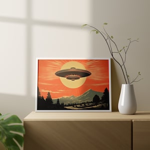 UFO Graphic Landscape Screen Print Wall Art, Retro Surrealist Mystical UAP Flying Saucer Print, Alien Poster, Sci-Fi Aesthetic Decor