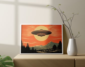 Retro ufo-landschapsprint: surrealistische scifi-muurkunst