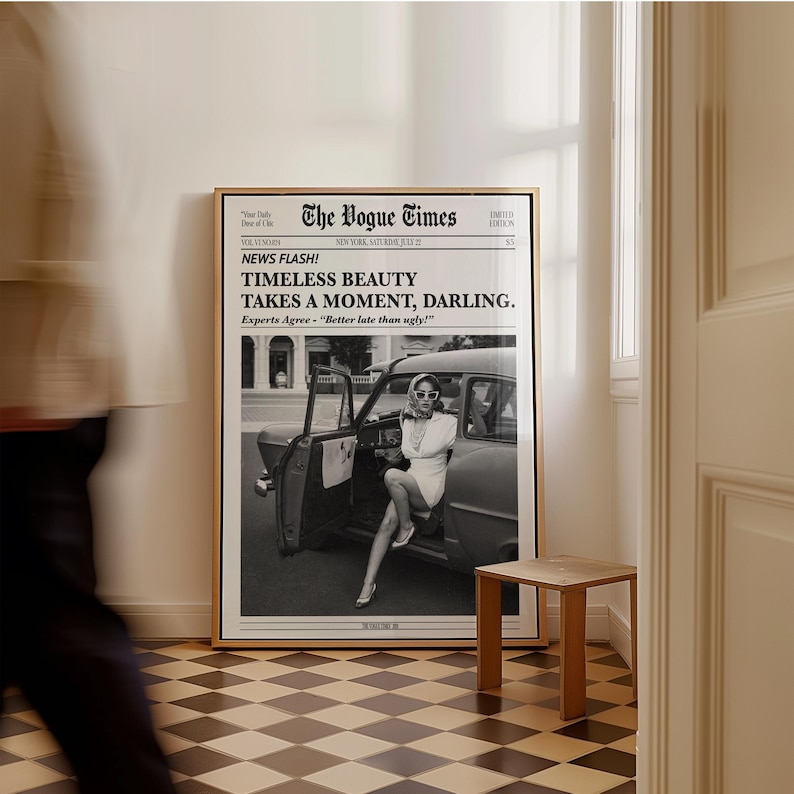 Black and white Vogue-style typography print featuring the phrase "Timeless Beauty Takes a Moment" in an elegant and bold font. A chic and stylish wall art piece, perfect for bedrooms, dressing rooms, or modern home decor. This fashionable and humorous design blends vintage aesthetics with modern typography, making it ideal for beauty lovers, fashion enthusiasts, and those who appreciate timeless elegance in their interior styling.