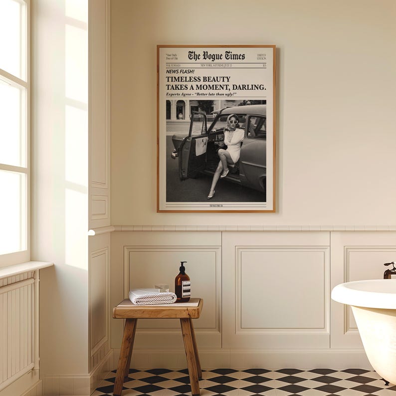 Black and white Vogue-style typography print featuring the phrase "Timeless Beauty Takes a Moment" in an elegant and bold font. A chic and stylish wall art piece, perfect for bedrooms, dressing rooms, or modern home decor. This fashionable and humorous design blends vintage aesthetics with modern typography, making it ideal for beauty lovers, fashion enthusiasts, and those who appreciate timeless elegance in their interior styling.