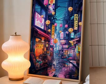 Tokyo Street Scene Print: Lofi Anime Poster, Neon Lights Wall Art